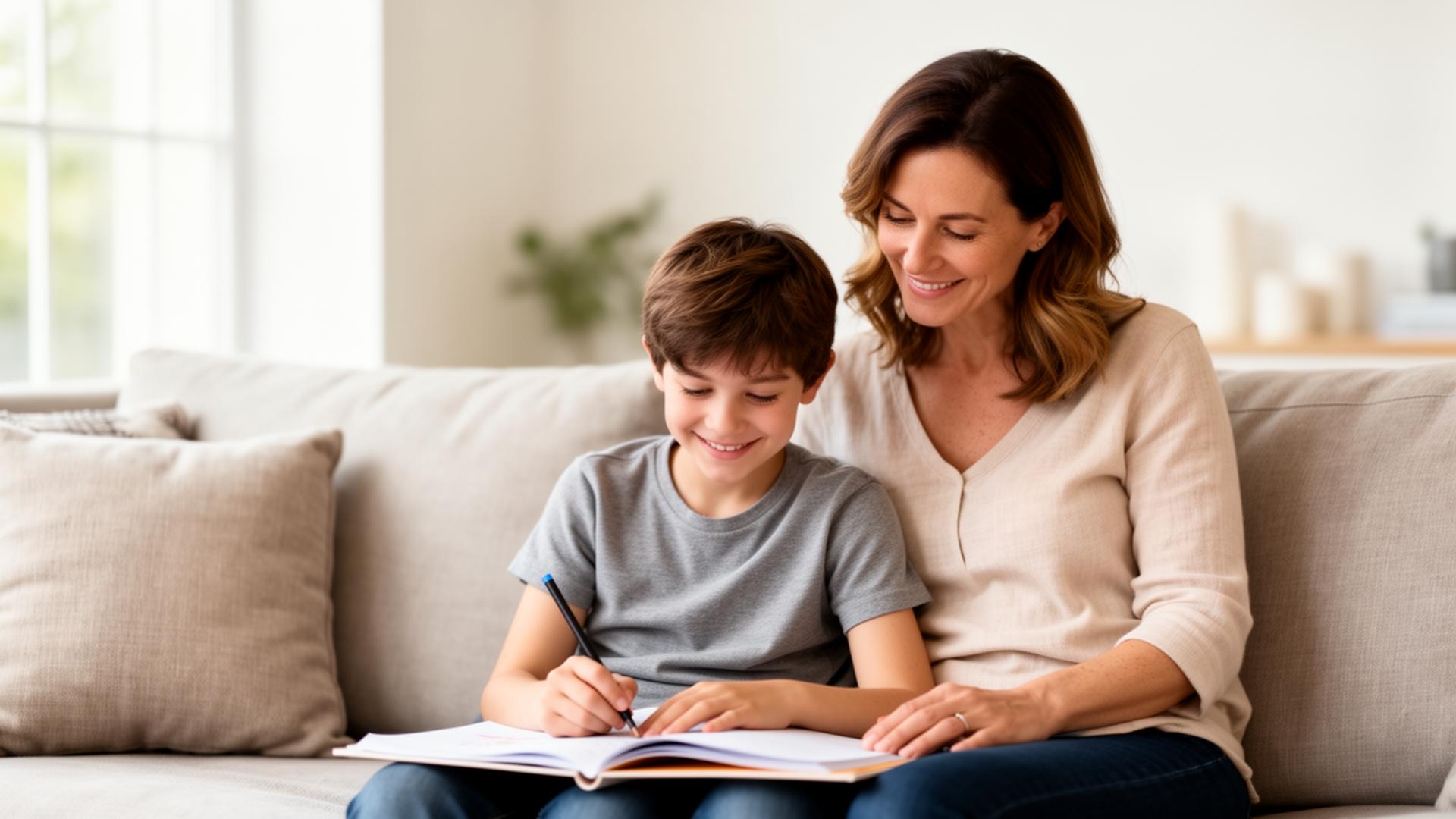 A calm mother and her child smiling at home